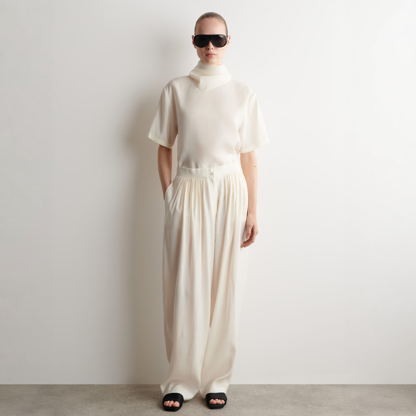 Draped Pleated Straight Leg Trousers Cream
