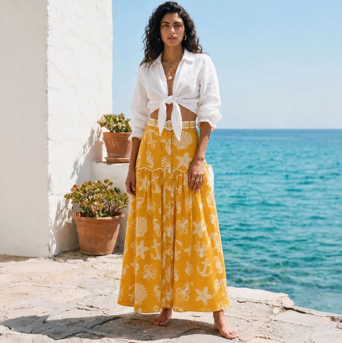 Yellow Linen Blend Maxi Skirt