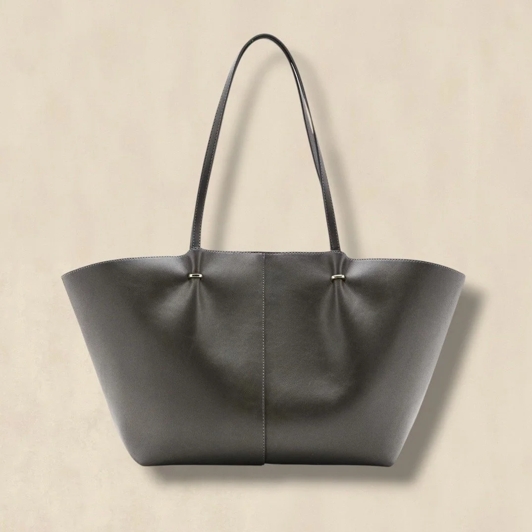 Khaki Leather Shopper Bag With Metallic Details