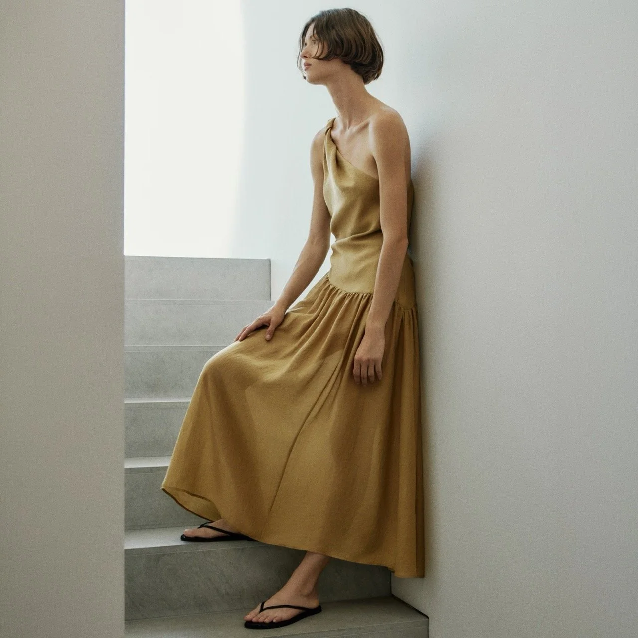 Khaki One-Shoulder Midi Dress