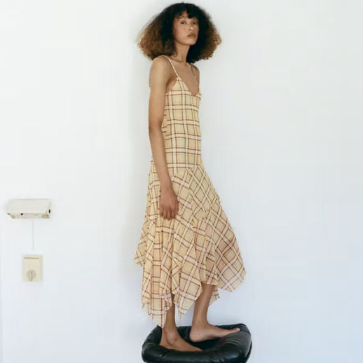 Check Asymmetrical Dress Yellow Brown