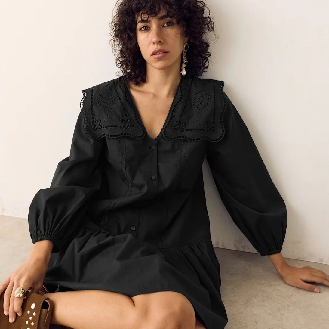 Pure Cotton Broderie Midi Smock Dress With A Relaxed Bohemian Silhouette