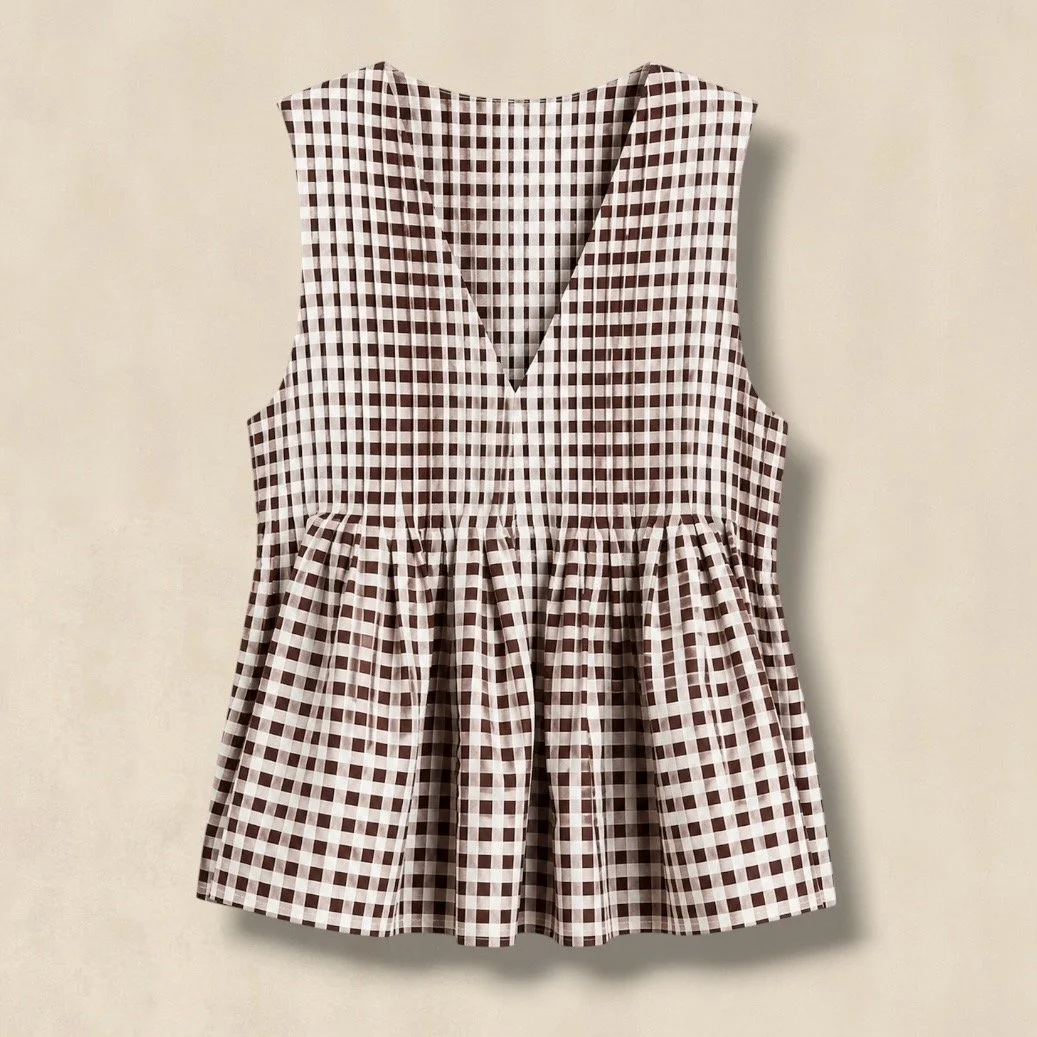 V Neck Pintuck Detail Top Gingham Brown