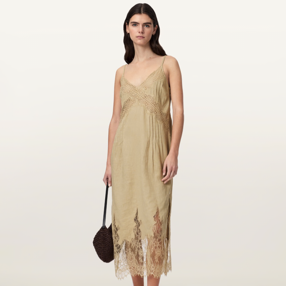 Taupe Linen Lace Midi Dress