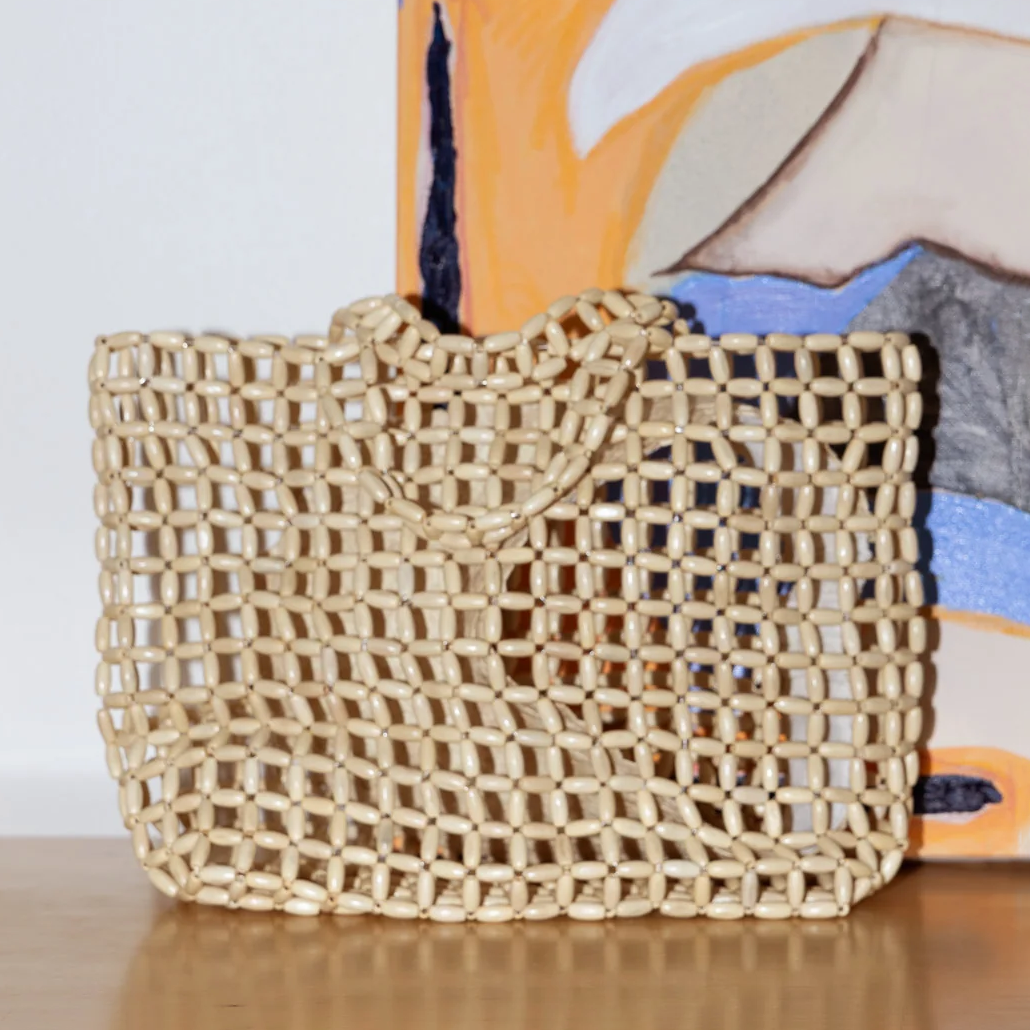 Beige Wooden Beaded Tote Bag