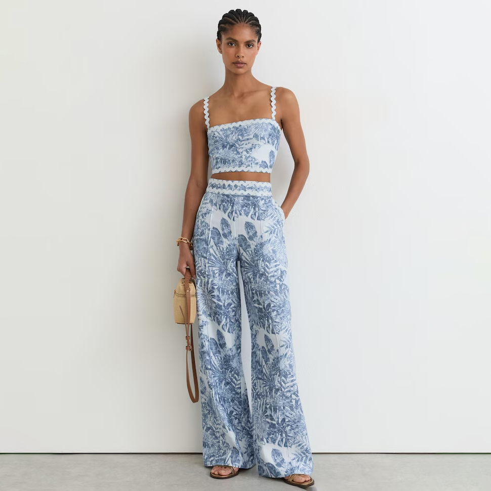 Blue Printed Linen Wide-Leg Trousers
