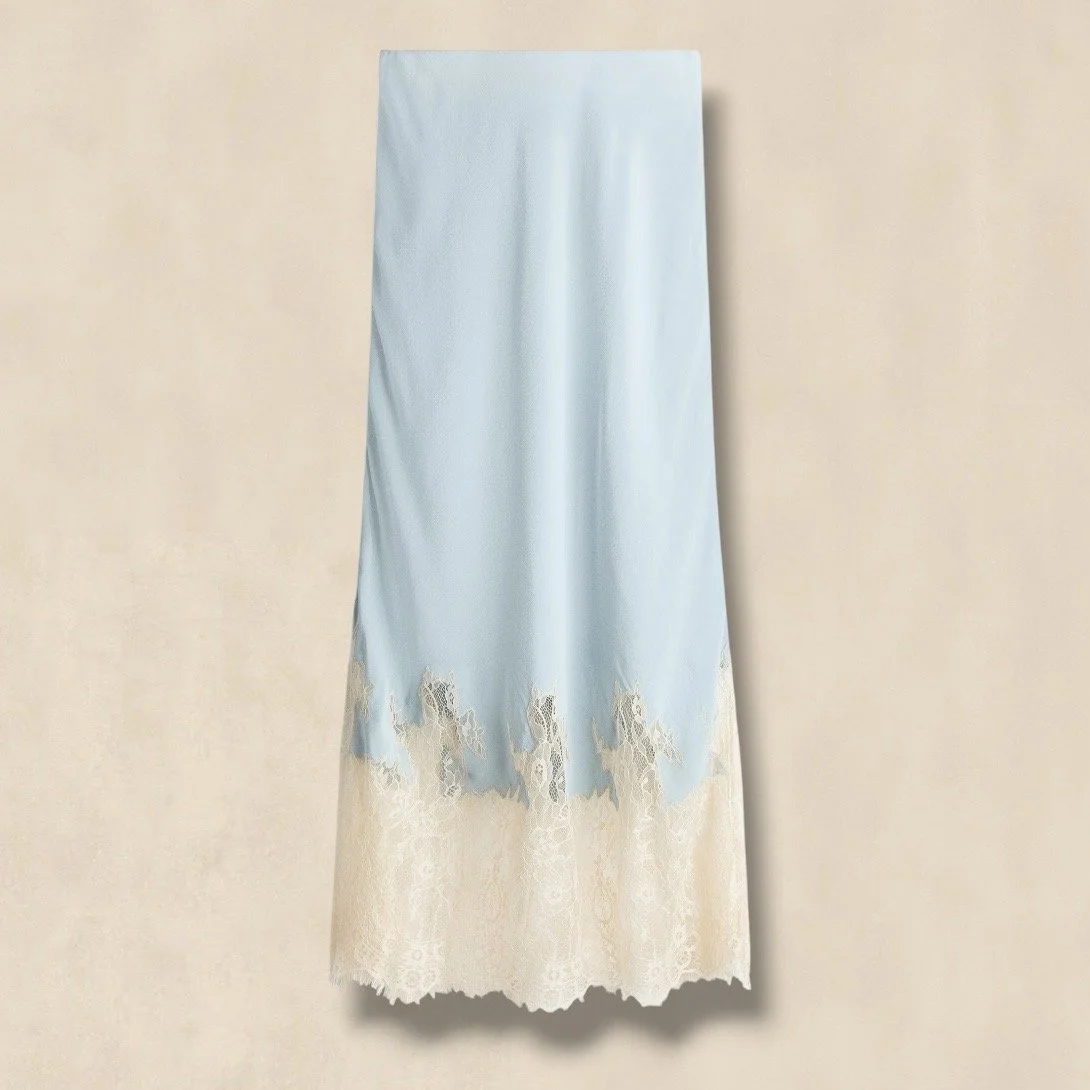 Blue Lace-Trimmed Maxi Skirt