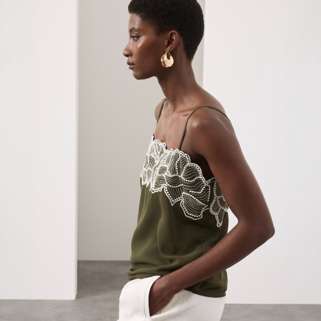 Floral Embroidered Cami Top Khaki