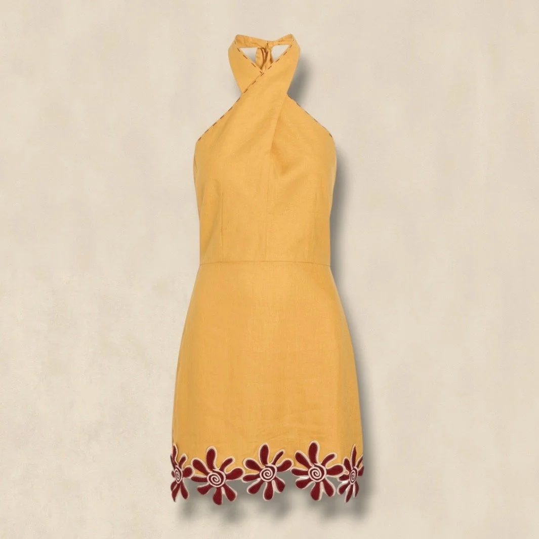 Yellow Floral Appliquéd Linen Mini Dress