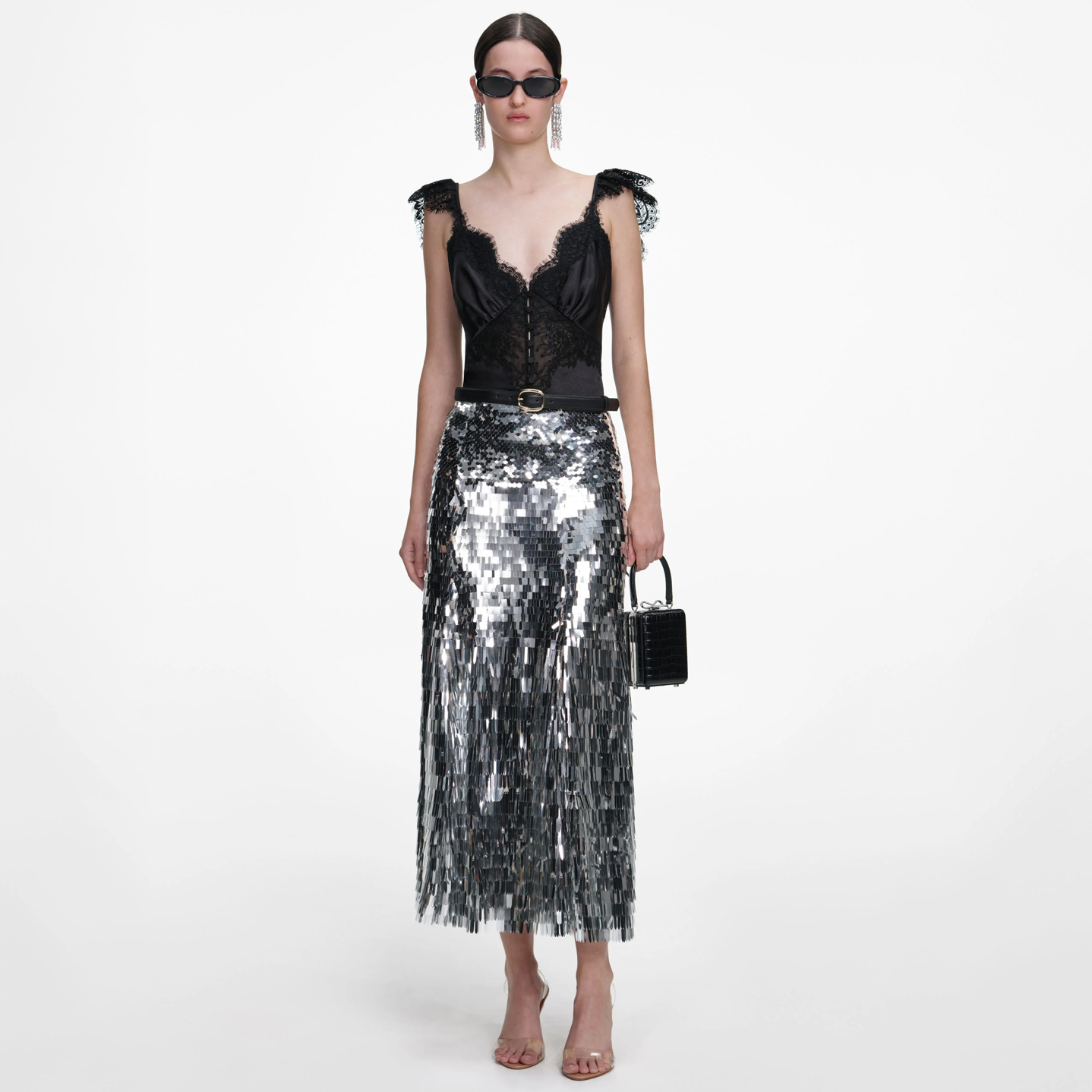 Self-Portrait Silver Gradient Sequin Midi Skirt