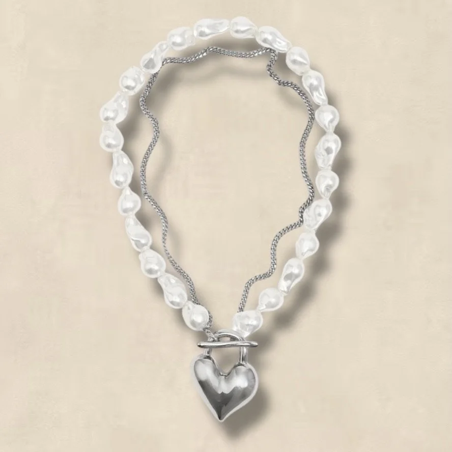 Silver Padlock Heart Pearl Necklace