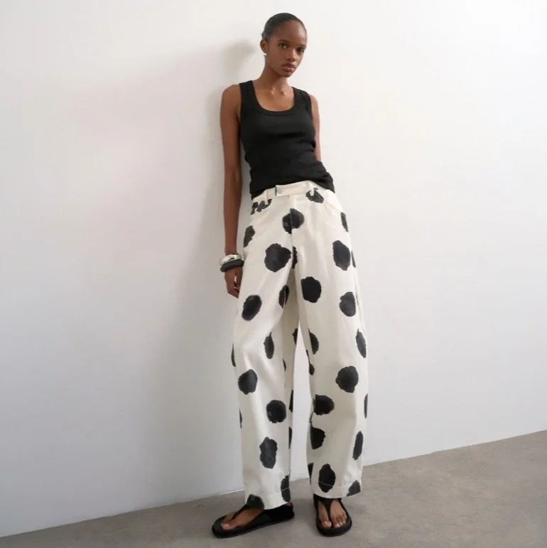 Black And White Polka Dot Barrel Leg Cotton Trousers