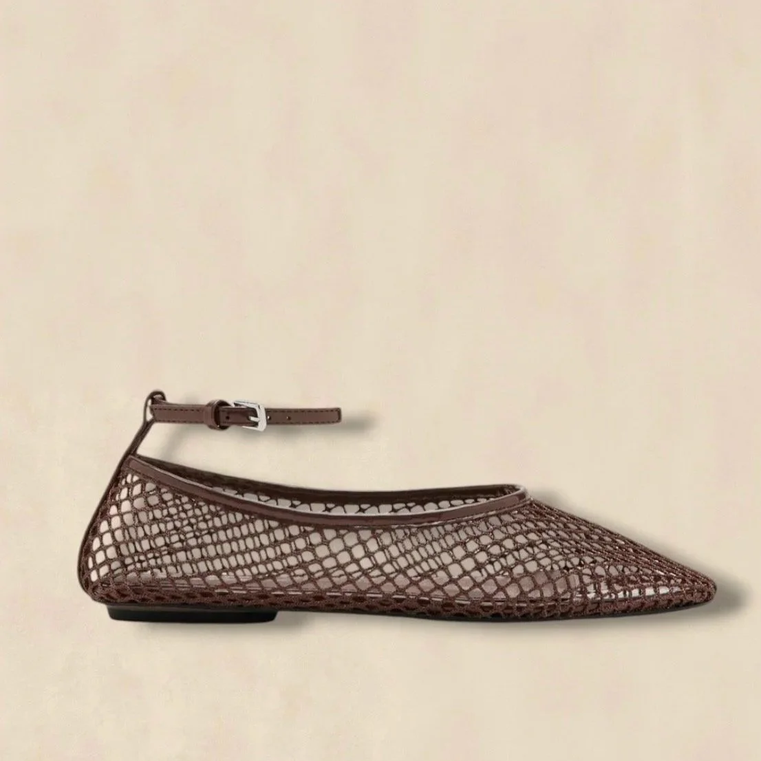 Brown Mesh Ballet Flats With An Ankle Strap And Lightweight Feel