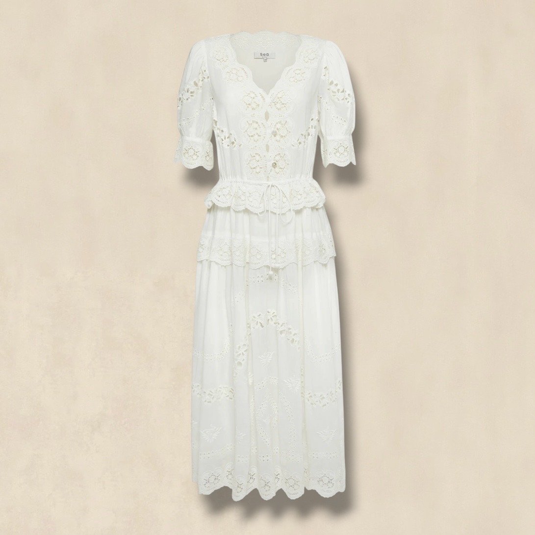 White Embroidered Puff Sleeve Dress