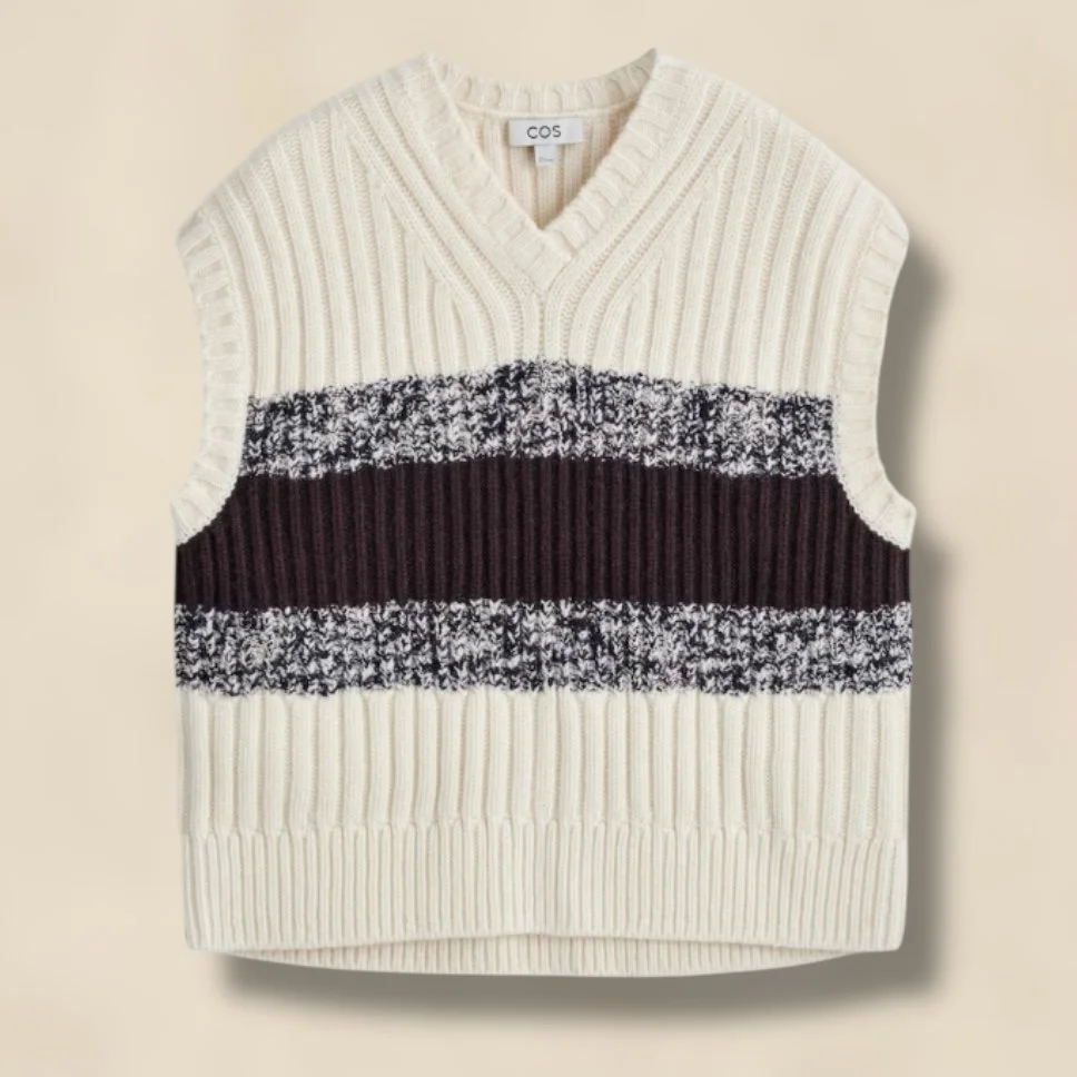 COS Textured Merino Wool V-Neck Vest Cream & Burgundy