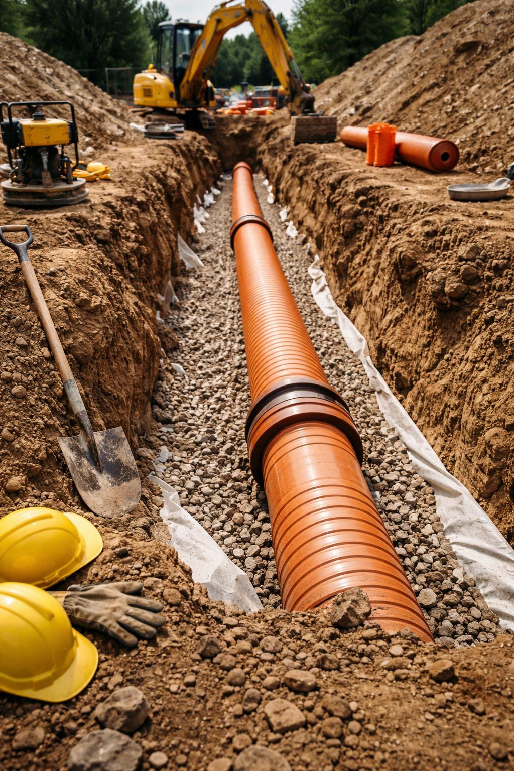 Construction site with a long orange pipe laid in a trench, with a yellow excavator in the background, and construction helmets and tools nearby.