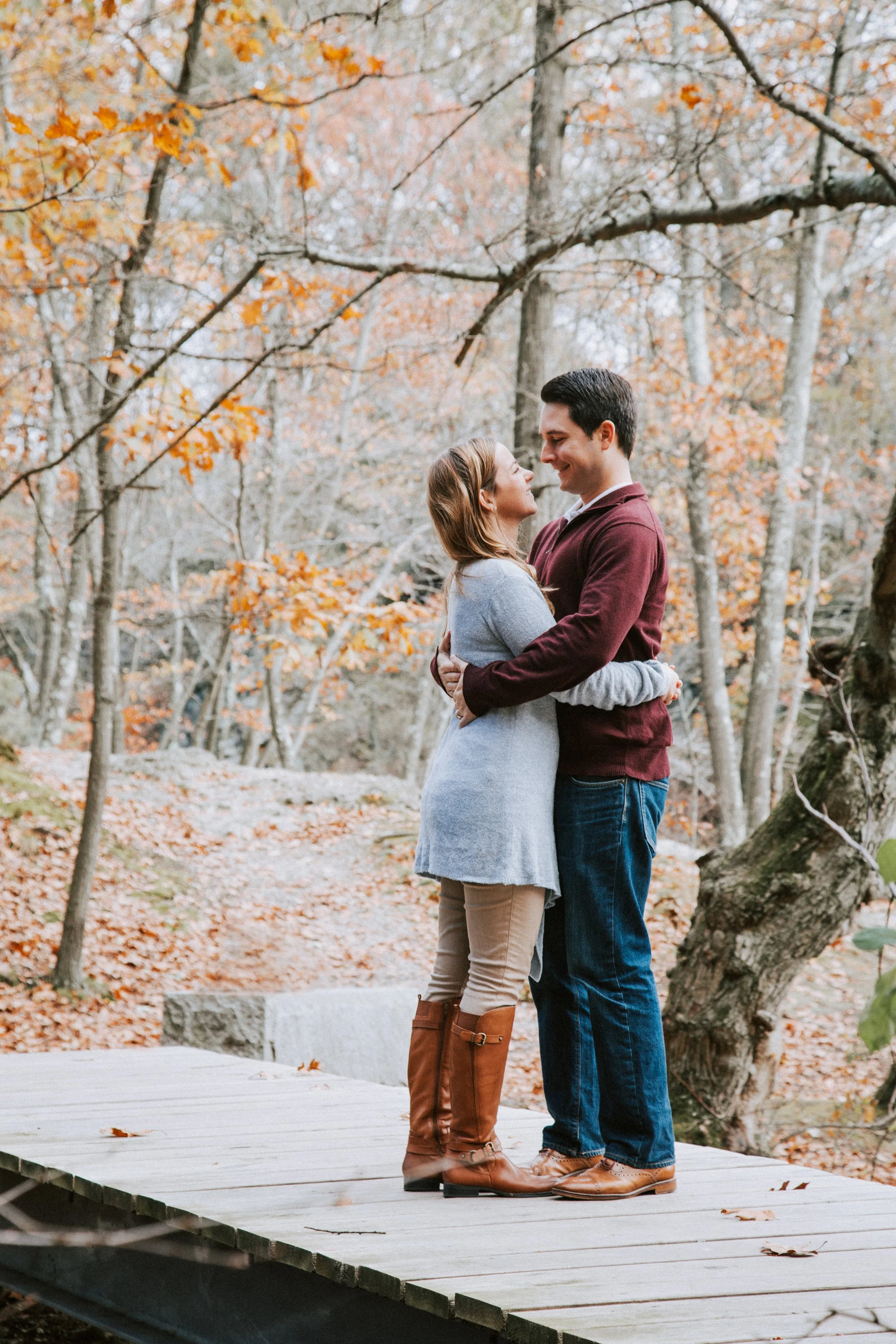 Wedding photographer Boston engagement shoot with fall foliage