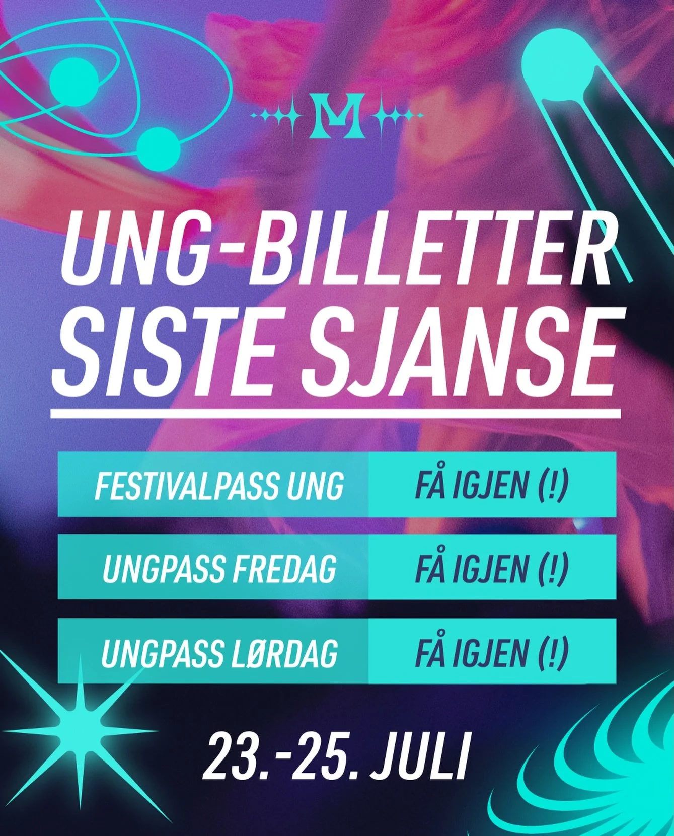 De siste UNG-passene ryker N&Aring; 🚀🔮✨

Er du mellom 13-17 og har tenkt deg p&aring; M&aring;nefestivalen? Kj&oslash;p ditt ungdomsdagspass N&Aring; ⌛️ https://tikkio.com/events/57661 🎫 

#m&aring;nefestivalen #ung #ungdom #gamlebyen #fredrikstad