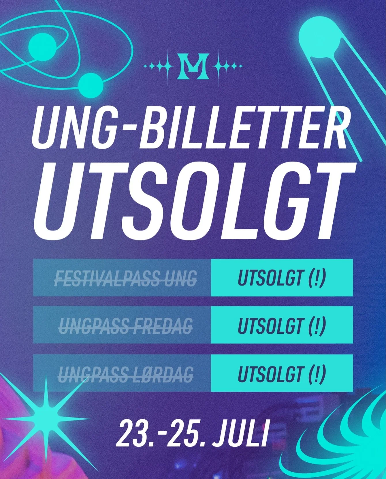 Ung-billetter 🚀 UTSOLGT

🎫 Dagspass fredag 🔗 F&Aring; IGJEN (!)
🎫 Dagspass l&oslash;rdag 🔗 F&Aring; IGJEN (!)

🫵🏼 https://tikkio.com/events/49292 ❤️&zwj;🔥

3-dagers festivalpass 🚀 UTSOLGT
3-dagers ungpass 🚀 UTSOLGT
Ungpass fredag 🚀 UTSOLGT