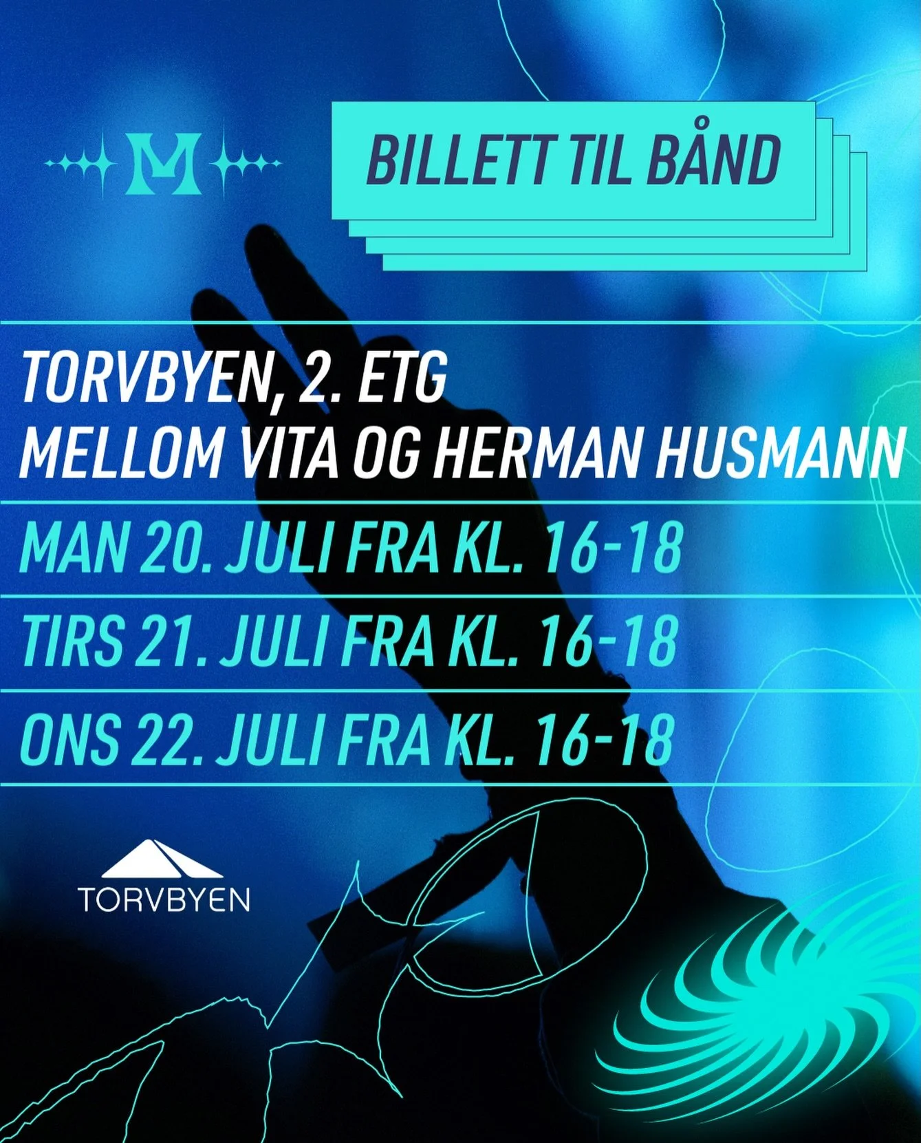 Bytt billett til b&aring;nd 👨🏼&zwj;🚀 Nedtellingen til M&aring;nefestivalen er i gang 🌙 Til deg som har sikret billett: neste steg er &aring; hente ditt festivalb&aring;nd ✌🏼

📍 Torvbyen
🗺️ 2. etg. mellom Vita og Herman Husmann

🗓️ Mandag 20. 