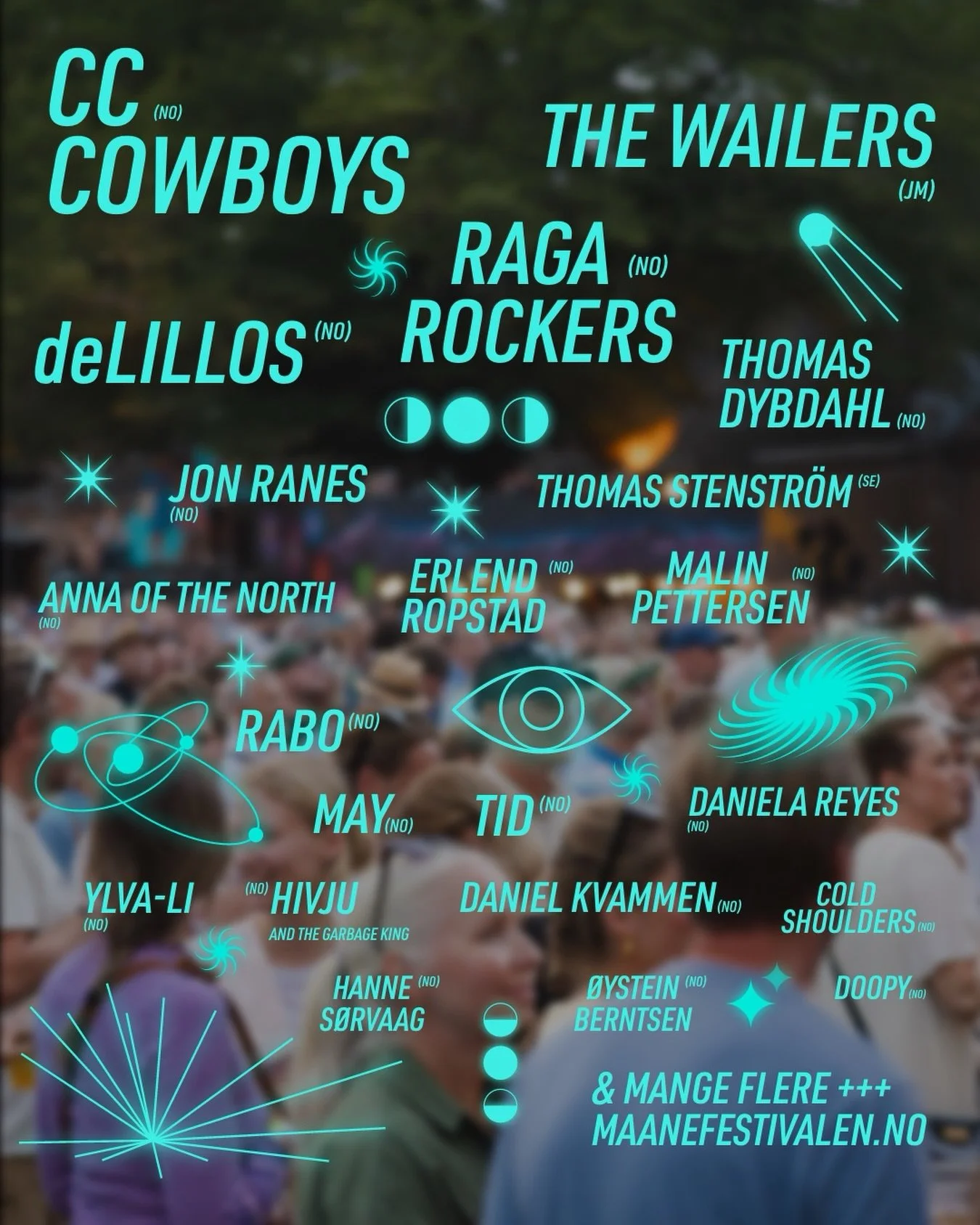 M&aring;nefestivalen 2026 🌙 3 dager. 3 scener.

🔥 L&Oslash;RDAG 25. JULI 
The Wailers, Raga Rockers, Thomas Dybdahl, Jon Ranes, RABO, HIVJU &amp; The Garbage King, Doopy, Cold Shoulders, &Oslash;ystein Berntsen 

🌙 FREDAG 24. JULI 
CC Cowboys, deL