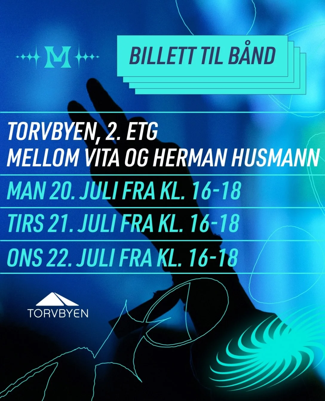 Bytt billett til b&aring;nd 👨🏼&zwj;🚀 Nedtellingen til M&aring;nefestivalen er i gang 🌙 Til deg som har sikret billett: neste steg er &aring; hente ditt festivalb&aring;nd ✌🏼

📍 Torvbyen
🗺️ 2. etg. mellom Vita og Herman Husmann

🗓️ Mandag 20. 