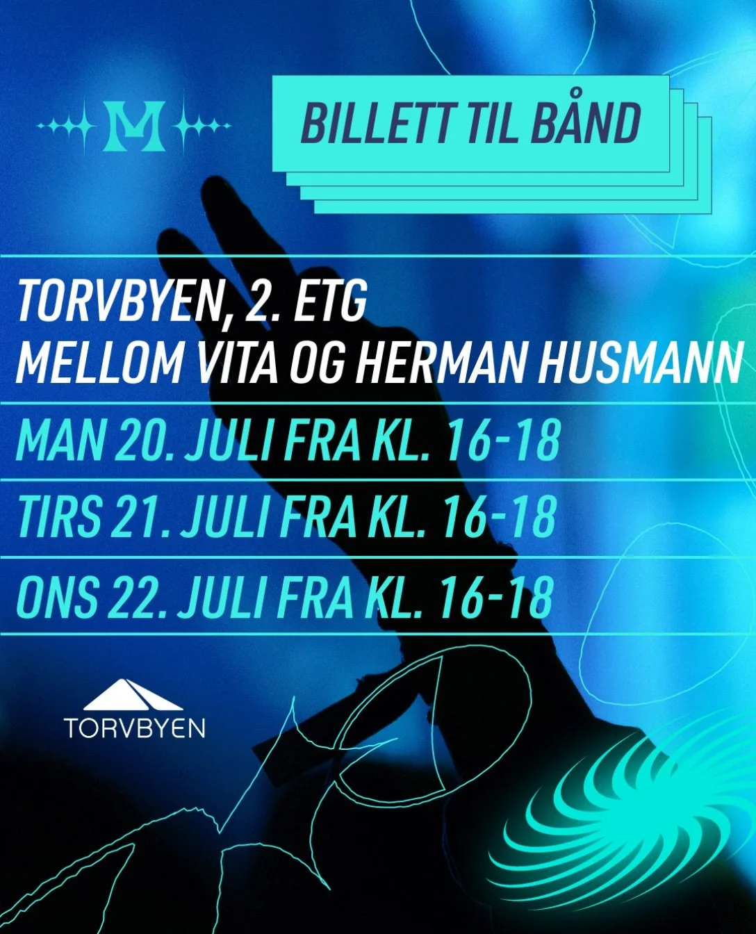 Bytt billett til b&aring;nd 👨🏼&zwj;🚀 Nedtellingen til M&aring;nefestivalen er i gang 🌙 Til deg som har sikret billett: neste steg er &aring; hente ditt festivalb&aring;nd ✌🏼

📍 Torvbyen
🗺️ 2. etg. mellom Vita og Herman Husmann

🗓️ Mandag 20. 