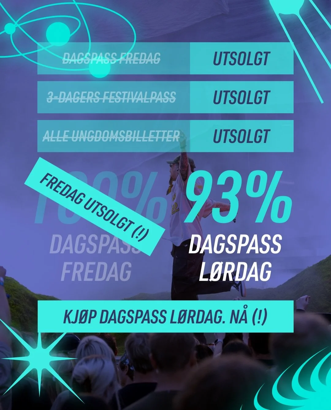 👨🏼&zwj;🚀 Fredagen er UTSOLGT 💥 93% solgte dagspass l&oslash;rdag 🎫 Kj&oslash;p ditt dagspass n&aring; (!) 

L&oslash;rdagspassene fyker ut d&oslash;ra i rakettfart 🚀 Skal du v&aelig;re med s&aring; heng p&aring;. N&Aring; 😎

Billettlink: https