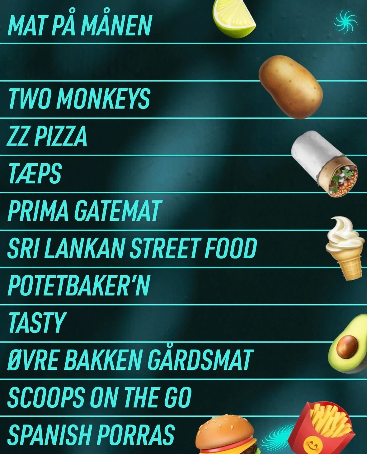 Mat p&aring; M&aring;nen 😋 Vi fyller M&aring;nefestivalen med mer enn musikk &mdash; du kan glede deg til &aring; oppleve et bredt og smakfullt utvalg av foodtrucks, slik at du kan lade opp mellom konsertene 🌳 Her finner du noe for enhver smak &nda