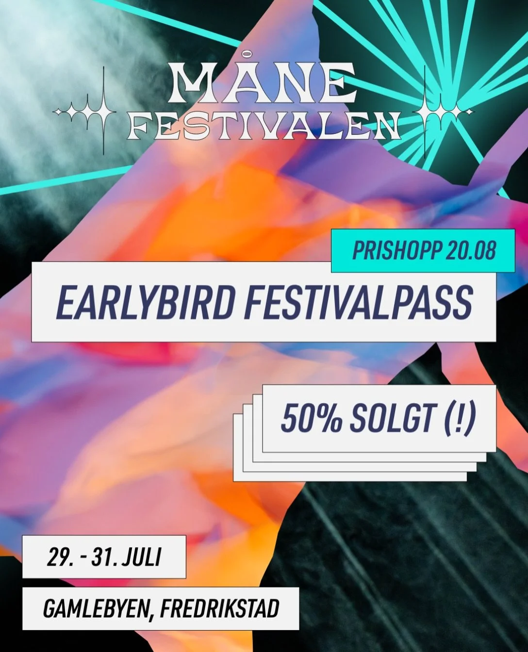 Super Earlybird Festivalpass til M&aring;nefestivalen 2027 forsvinner raskt &ndash; halvparten er allerede solgt 🌙

🎫 https://tikkio.com/events/65086 🔥

Siste helgen i juli m&oslash;tes vi igjen p&aring; m&aring;nen. Tre dager fylt med musikk, mag