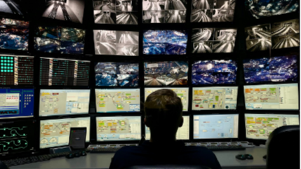 Security operations center with a wall of camera monitors used for visual threat detection training