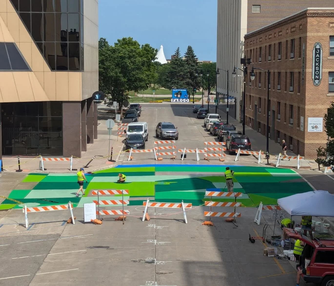 snaps from the first two days of installing the ground mural at 5th St and 2nd Ave downtown! I&rsquo;m so lucky to have the most amazing install crew (Jeffrey, Ayana, Zach ), volunteer team (u know who u are), and support from Folkways to make this a