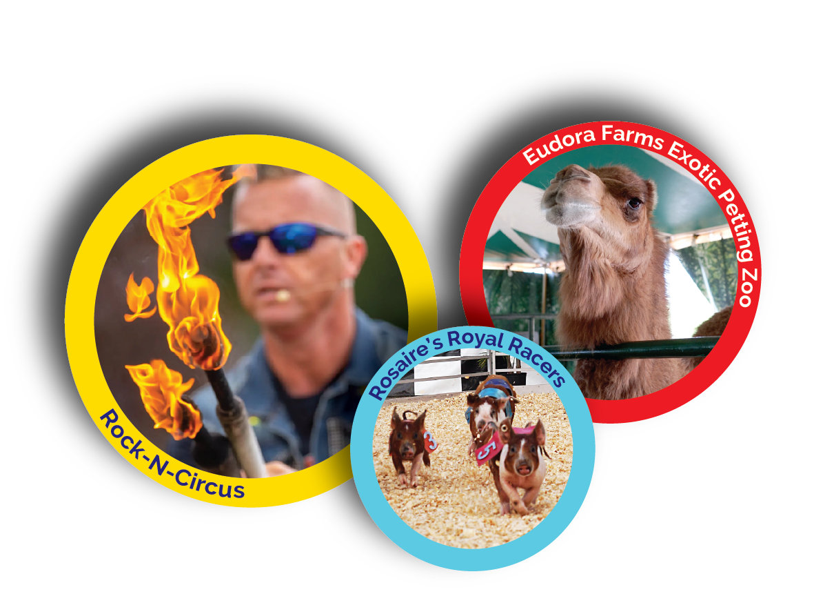 Three circles with 2026 fair attractions