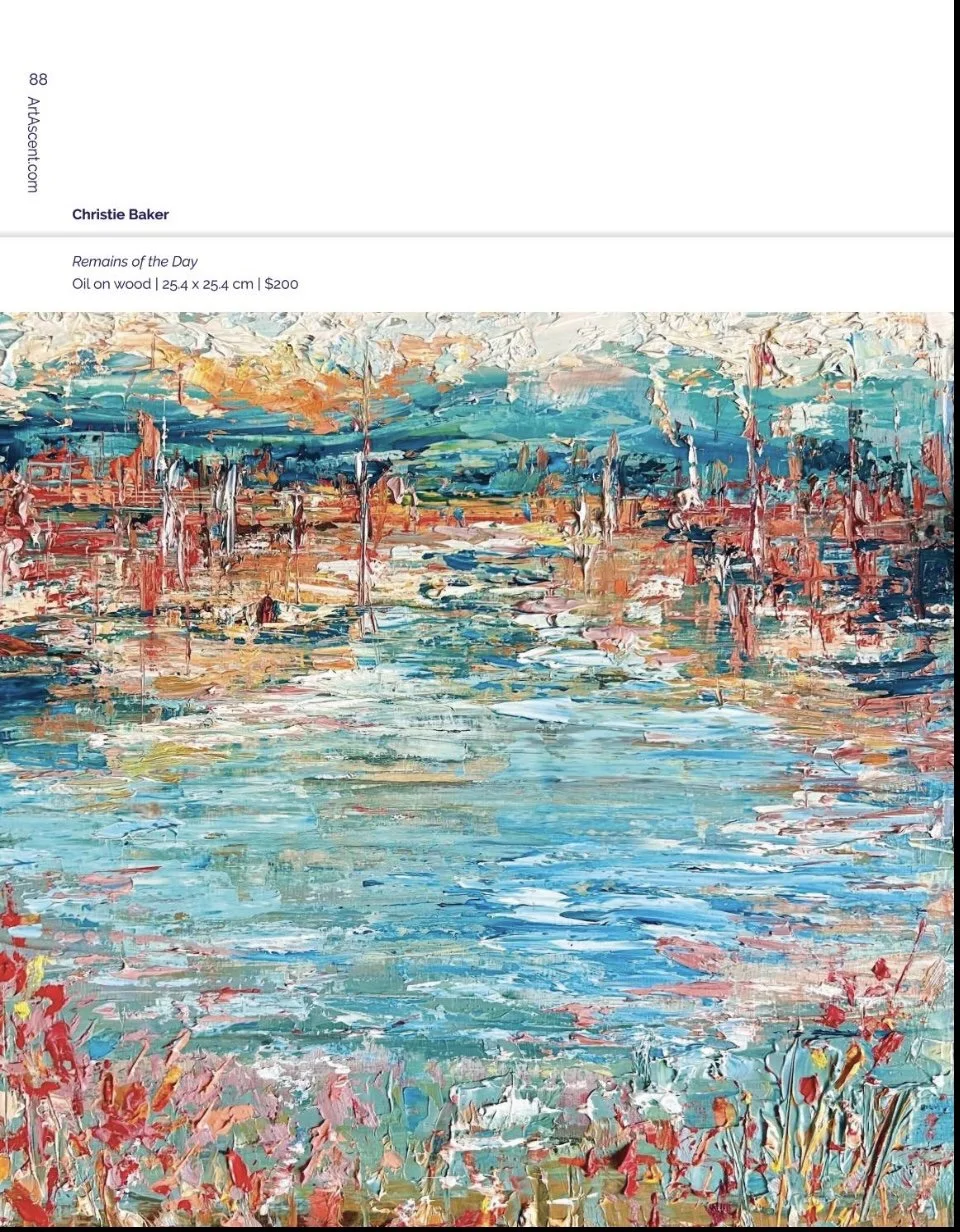 Impressionist oil painting of a landscape with a river, trees, and a colorful sky.