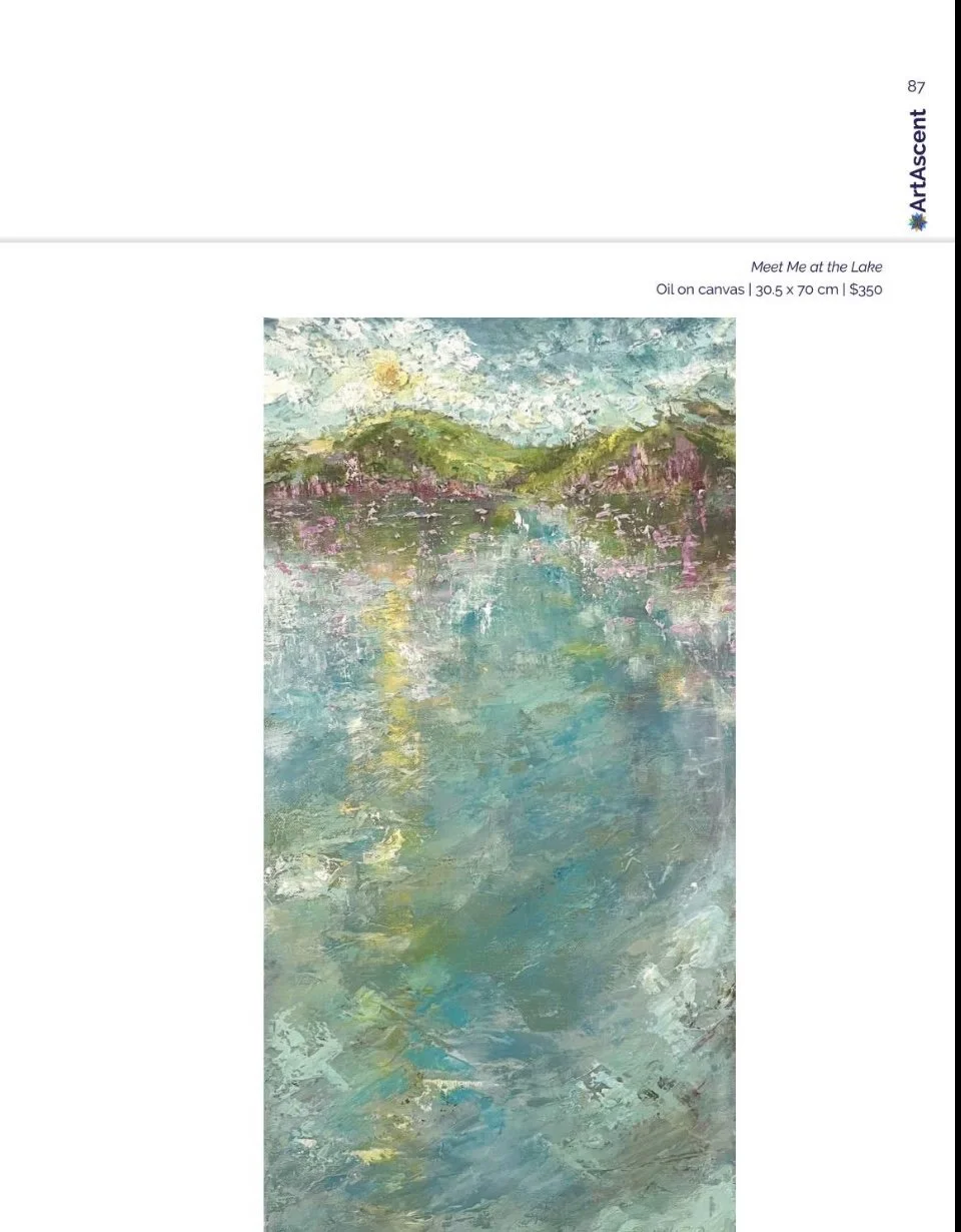 Painting of a mountain lake with reflections, painted in an impressionist style with brushstrokes in blue, green, pink, and yellow.