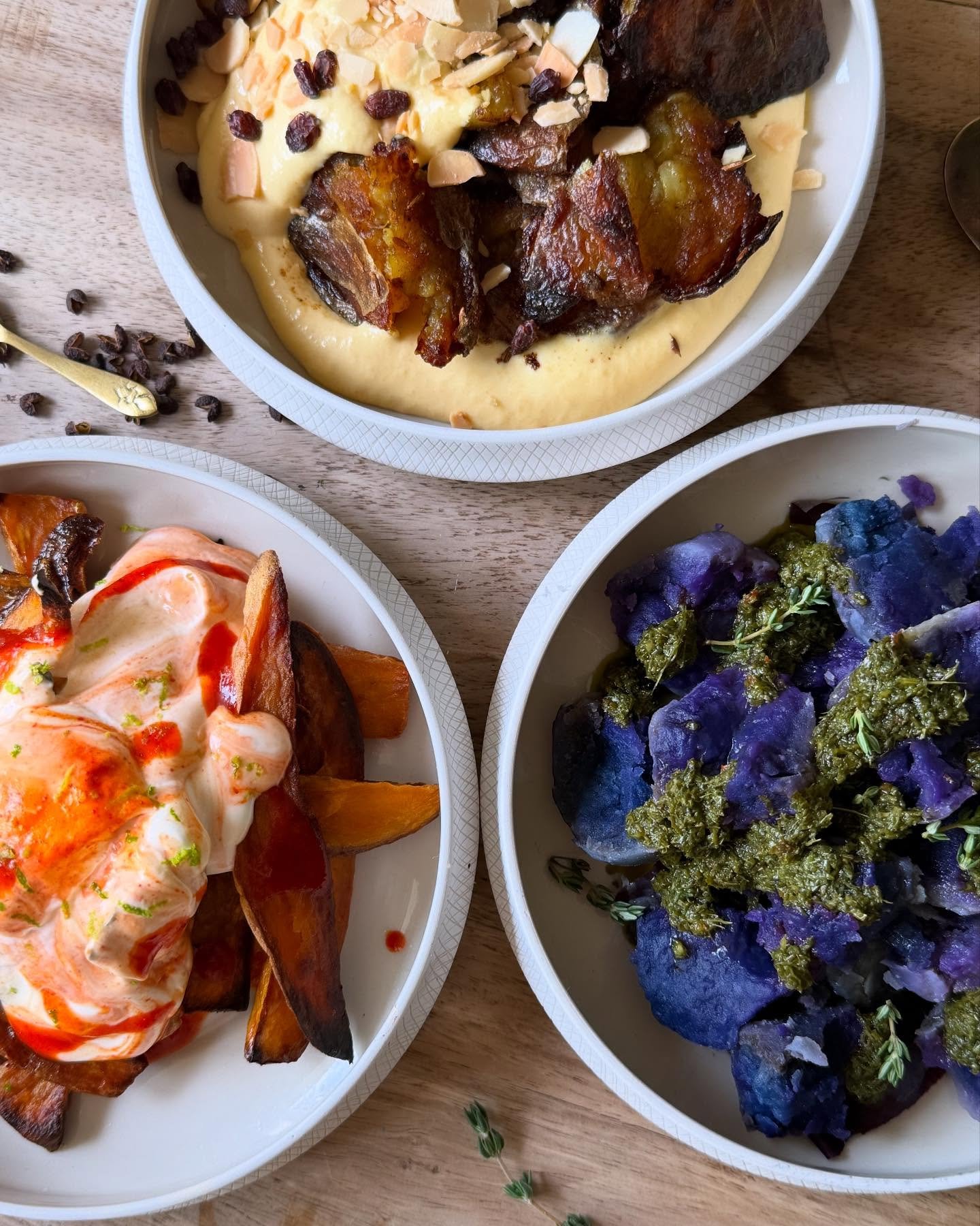 3 POTATO SALADS
I love a mayonnaise-y, chive-y classic potato salad as much as the next person, but I fancied switching things up. So may I present 3 alternative potato salads that may well sneak their way onto some of my summer feasting tables...