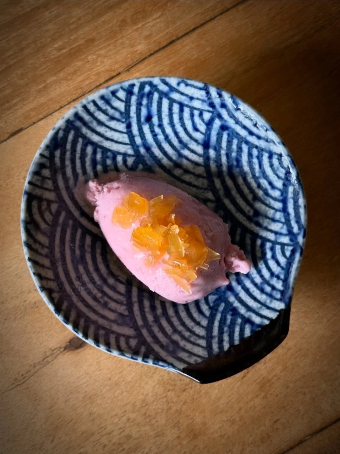 RED GOOSEBERRY SHERBET, STEM GINGER
Since it’s the season of the frozen dessert, I’ve been playing with ice creams, sorbettos and sherbets, the less cloying cousin of ice cream. It turns out to be the perfect way to show sweet-sour gooseb