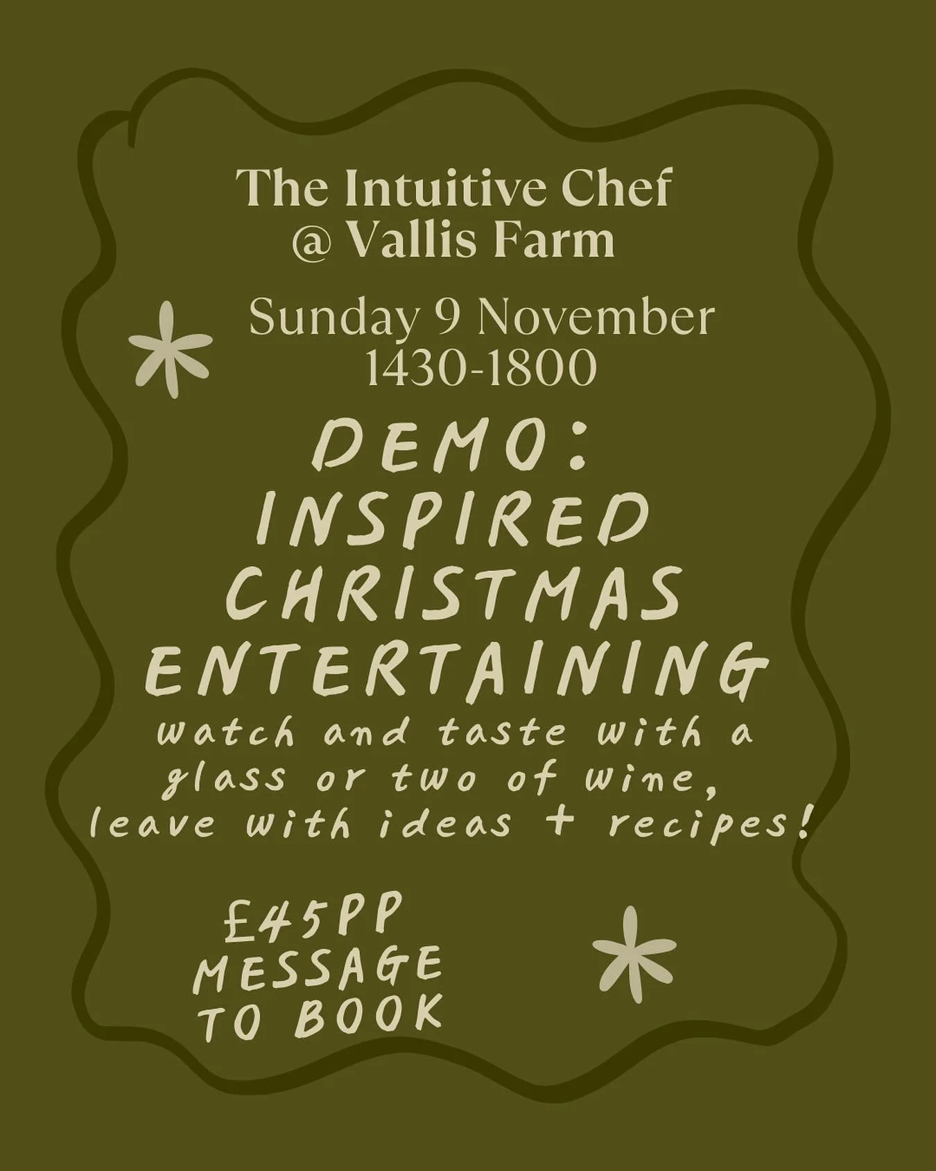 Need a bit of inspiration for the coming festive season? Come and join me at @vallis_farm for a gorgeous afternoon of watching me cook and waffle about food, while you enjoy a glass or two of wine and a role as official taste tester!

Get inspired wi