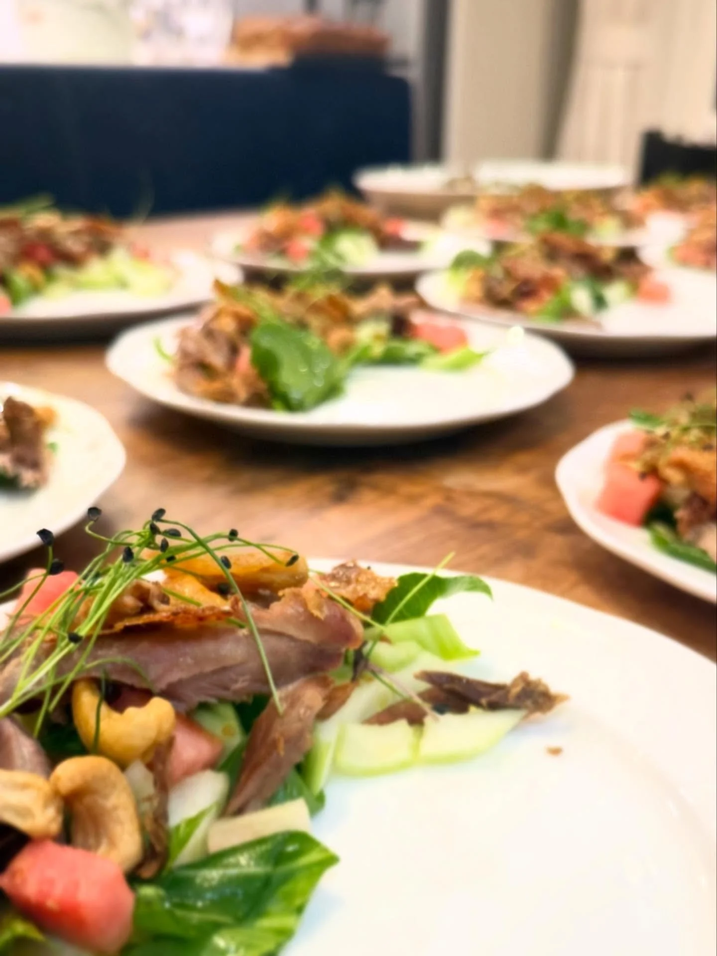 CRISPY DUCK, WATERMELON, CHOI, CASHEW, TAMARIND
I love a salad more than most other foods and this one crosses the boundary into winter beautifully with a host of contrasts: earthy and refreshing, savoury and sour, yielding and crunch. Enjoyed by gue