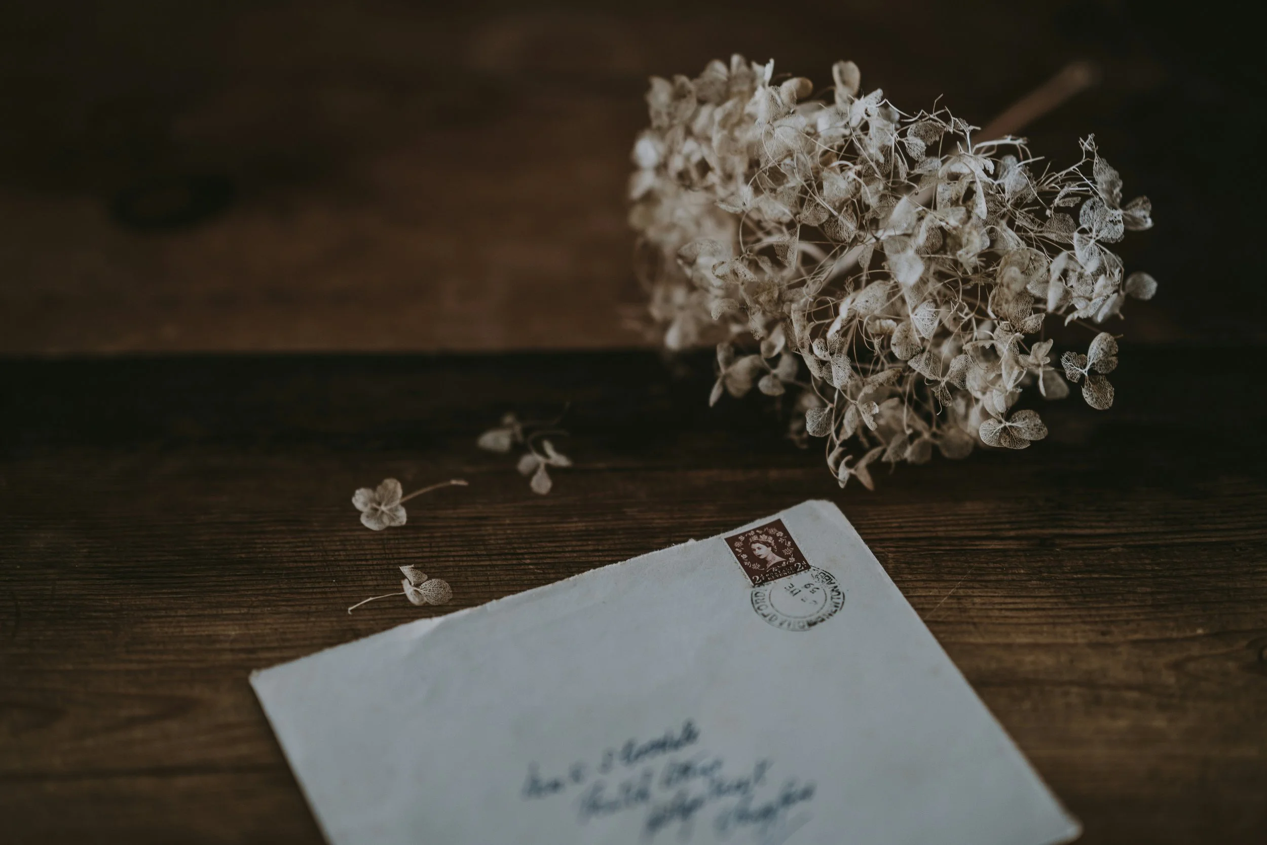 image of a handwritten letter on a table with dried flowers