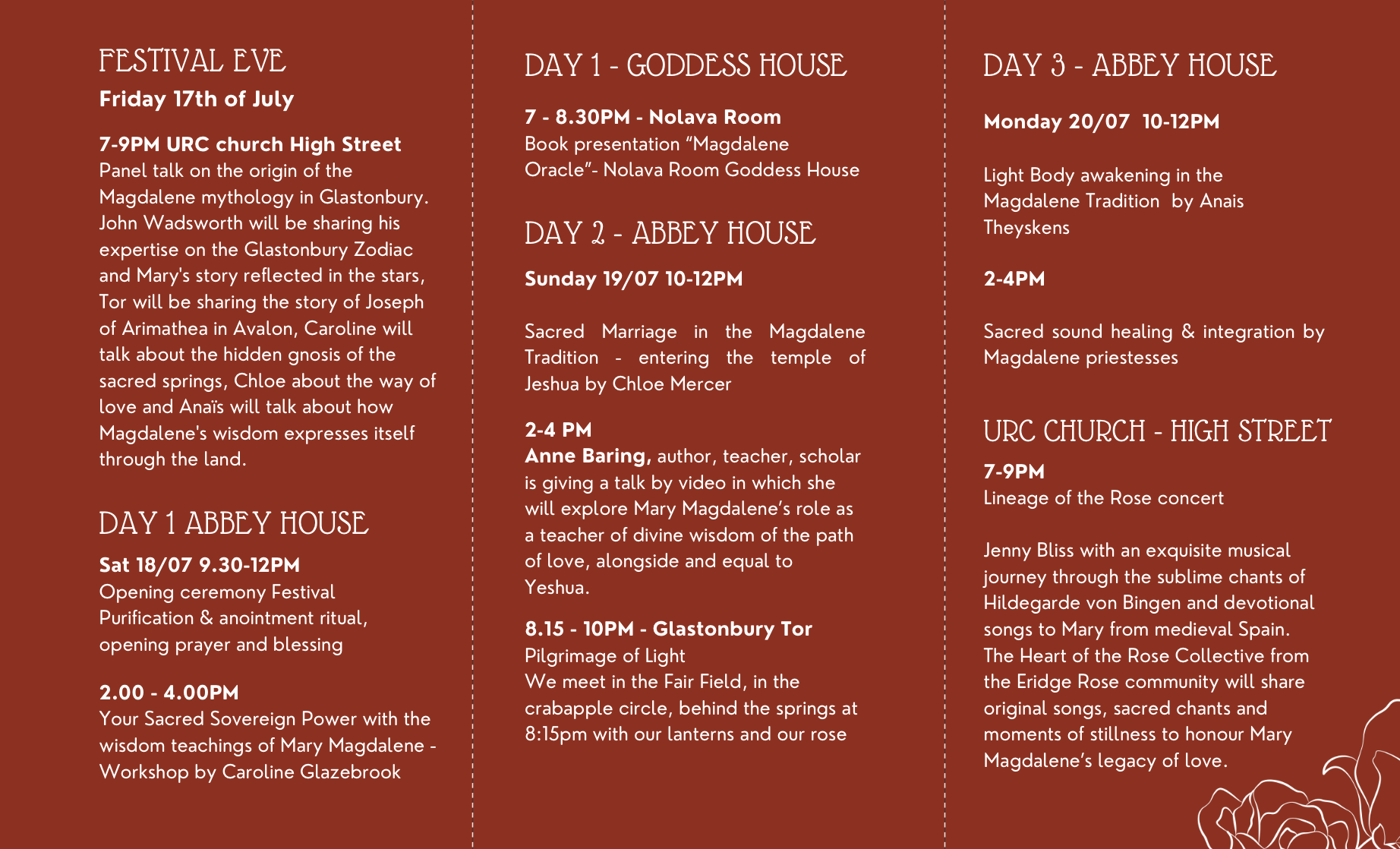 Sacred Magdalene Festival schedule by day