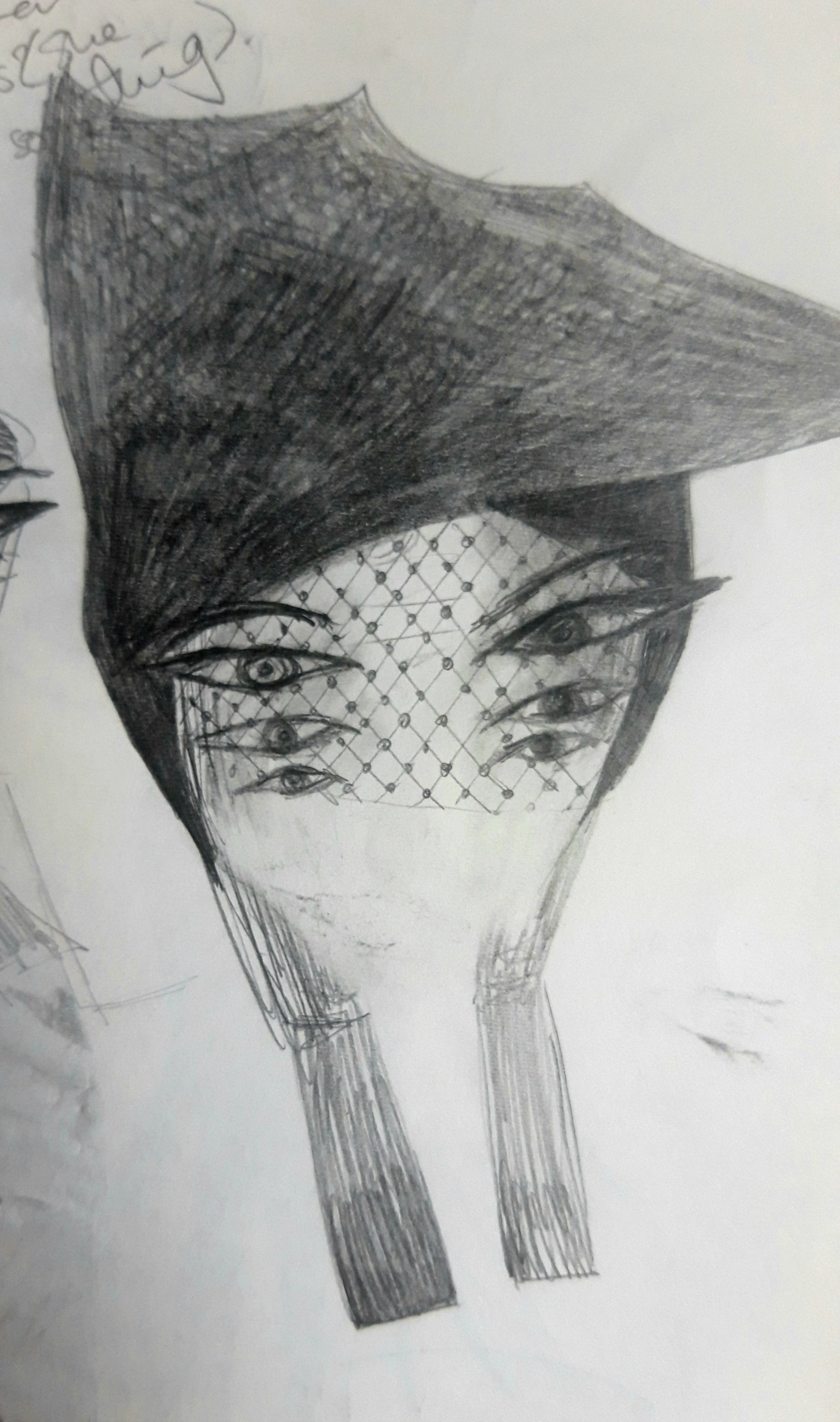 Black and white fashion sketch of a woman's face with short hair, a patterned veil or netting over her face, and large earrings.