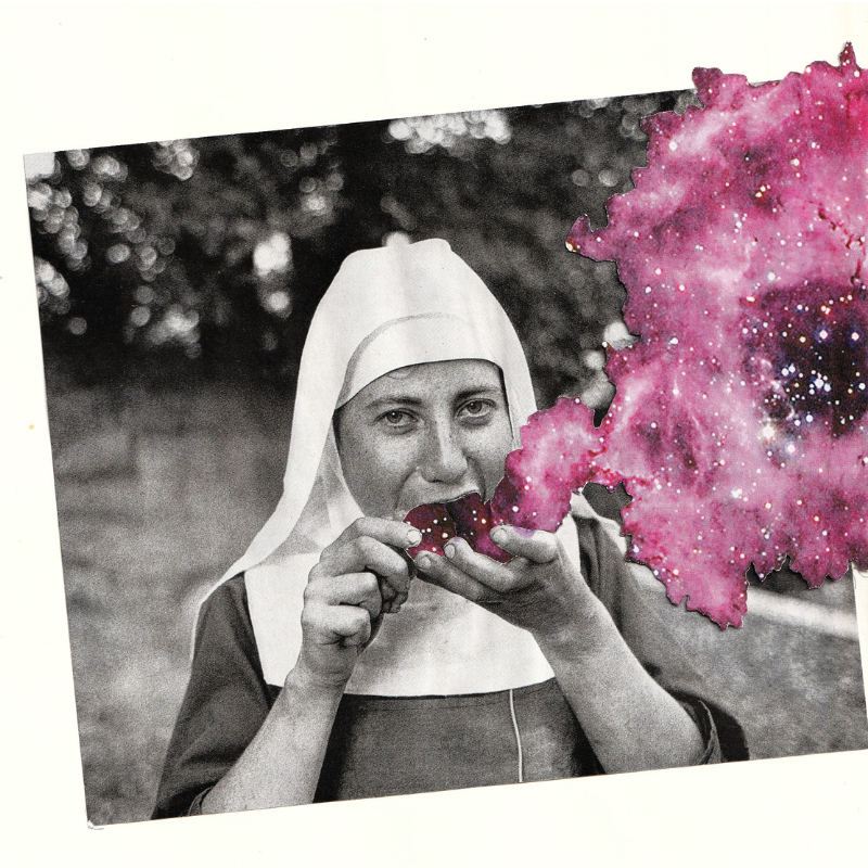 A black and white photo of a nun holding and eating sparkle dust, with a large pink and purple galaxy-like painting or collage overlayed on the right side of the image.