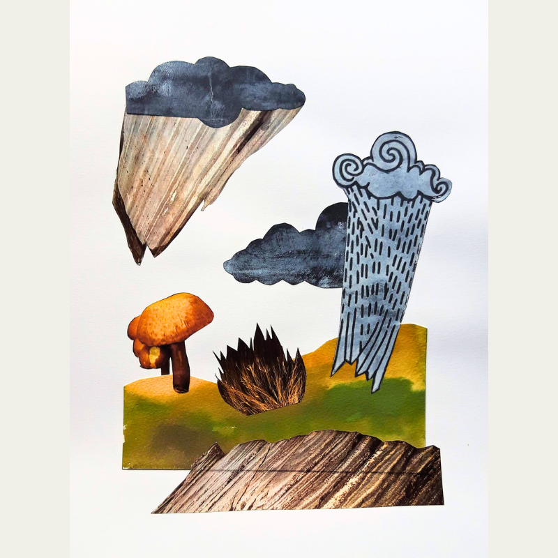 Collage of clouds, a mushroom, a bush, and a grassy landscape with a wood textured ground.