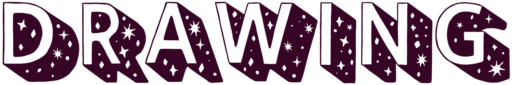 Stylized text of the word "DRAWING" in dark purple with small star and dot patterns inside the letters, on a transparent background.