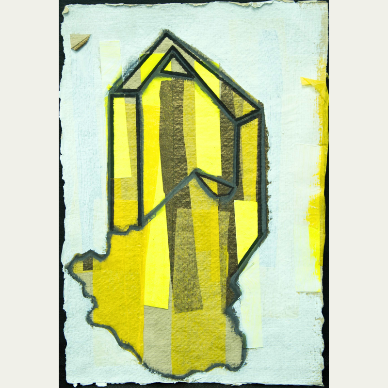 Abstract artwork featuring a yellow and black geometric shape on layered textured paper.