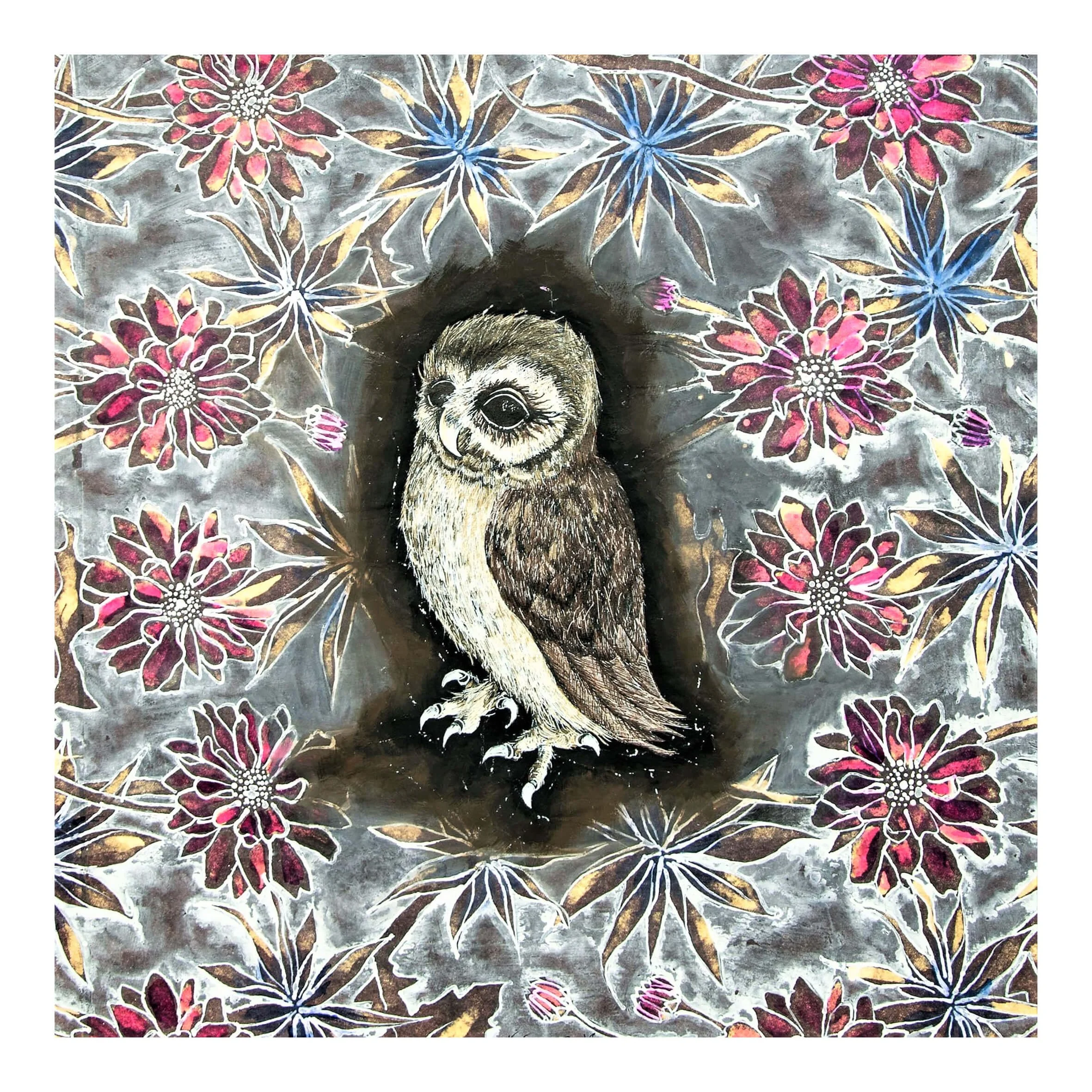 An artistic painting of an owl surrounded by a pattern of colorful flowers and leaves. The owl is detailed, with large eyes and perched on a branch. The background features shades of gray, pink, purple, blue, and gold.