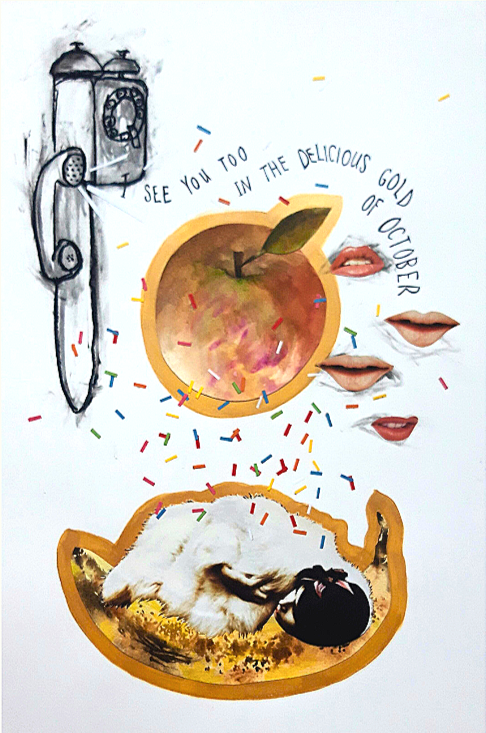 Illustration of a vintage payphone, a sliced apple with the text "I see you too in the delicious gold of October," disembodied lips, a kiwi, and a sheep with a black ball on a yellow background.