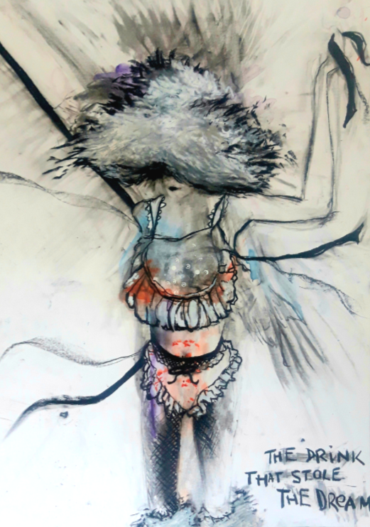 Illustration charcoal drawing of a woman in lingerie dancing with arms raised, wearing a large furry hat, with abstract background and the text 'The drink that stole the dream' written nearby.