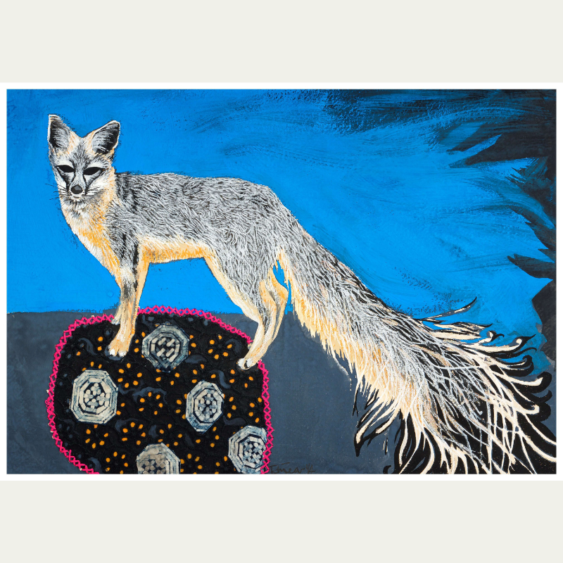 Painting of a fox with a long, flowing tail standing on a colorful patterned platform against a blue background.